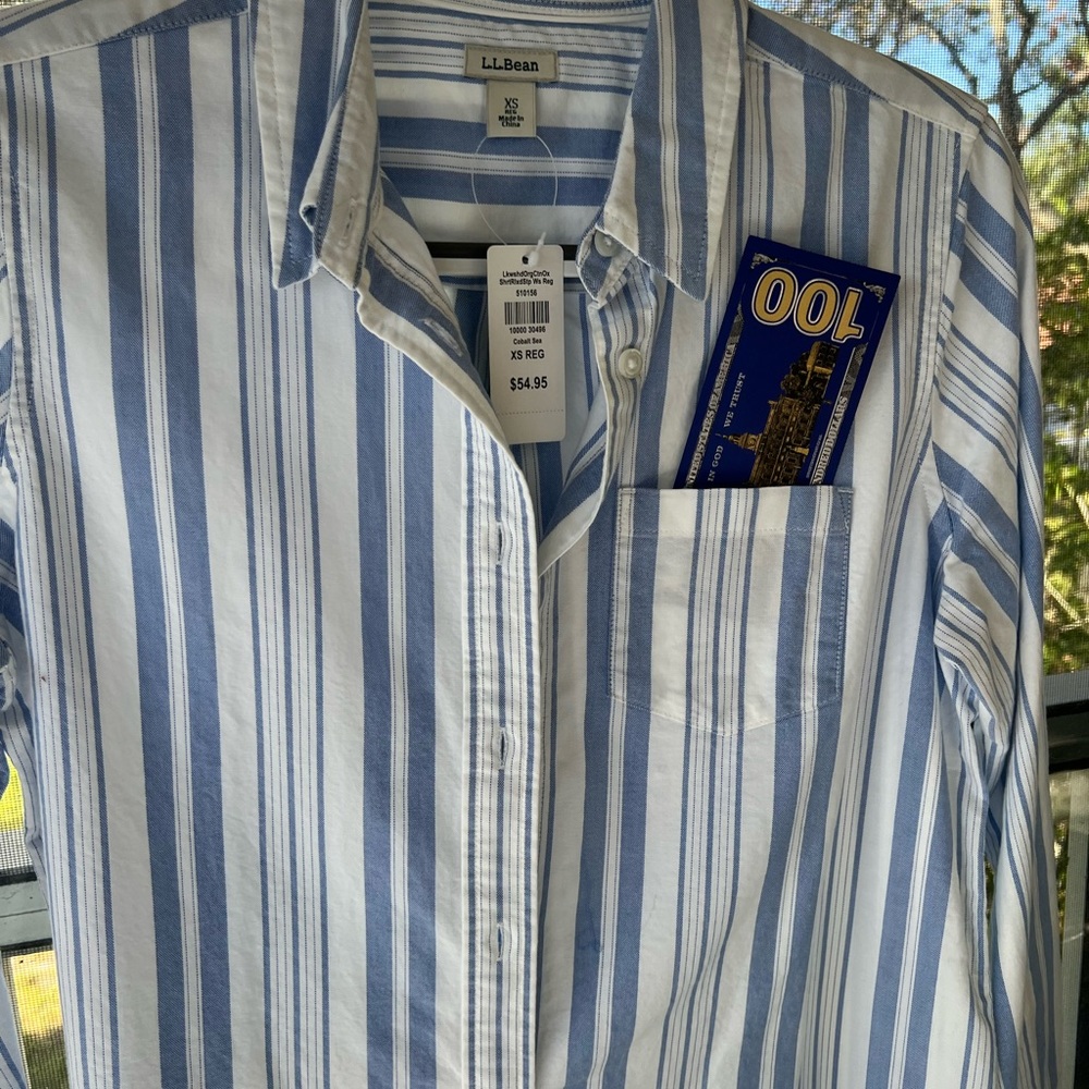 LL bean blue and white striped long sleeve button down organic cotton shirt